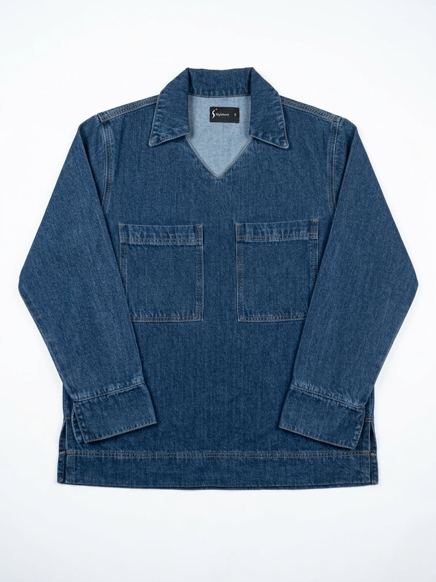 V-Neck Pullover Denim Shirt