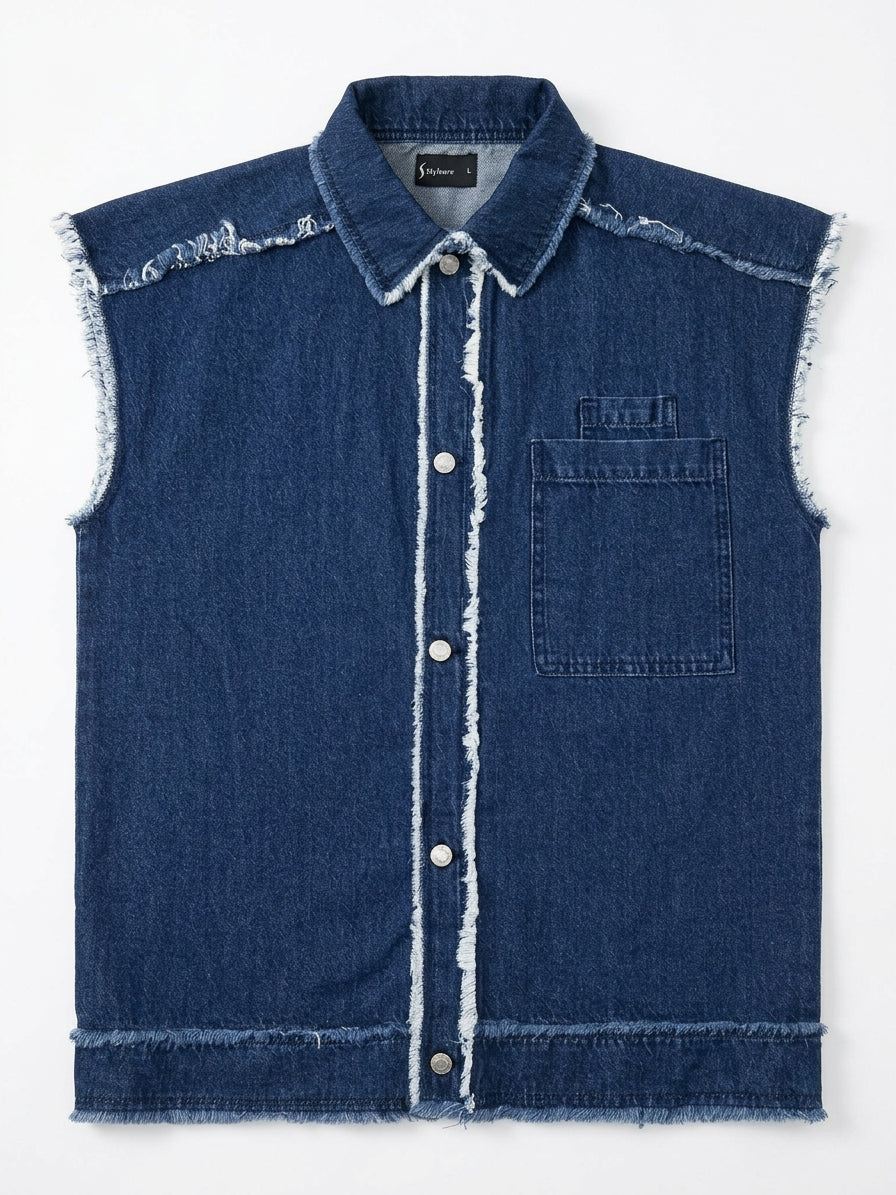 Raw-Edge Oversized Denim Vest