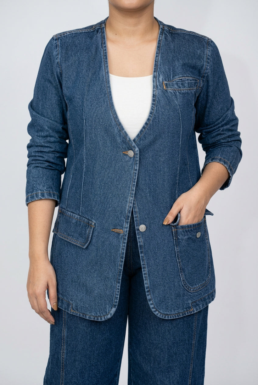 Collarless Denim Blazer