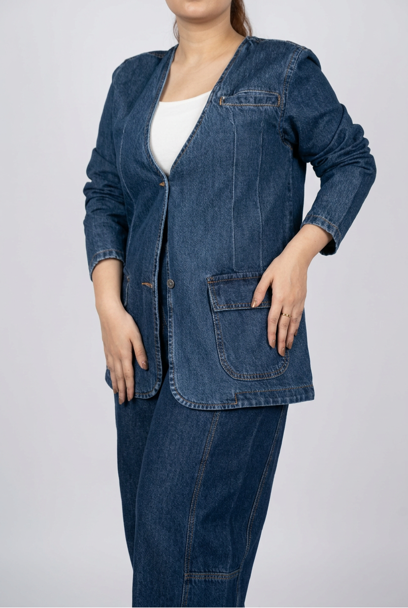 Collarless Denim Blazer