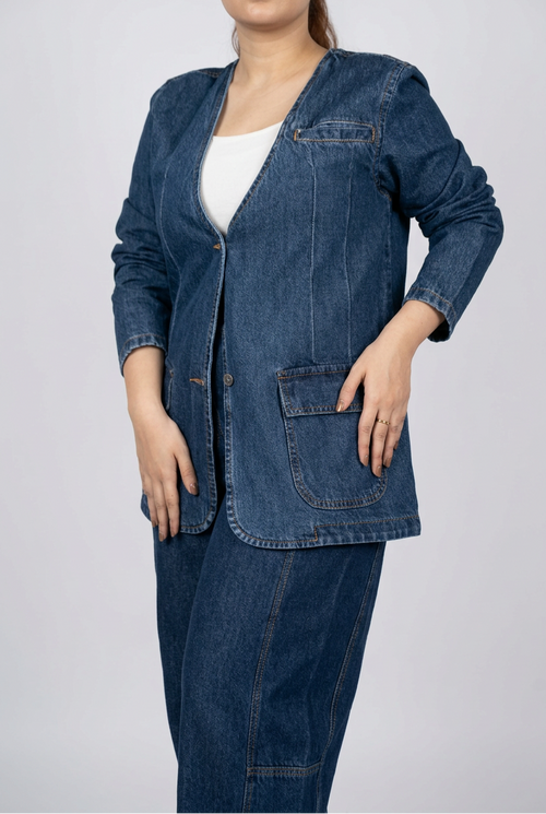Collarless Denim Blazer