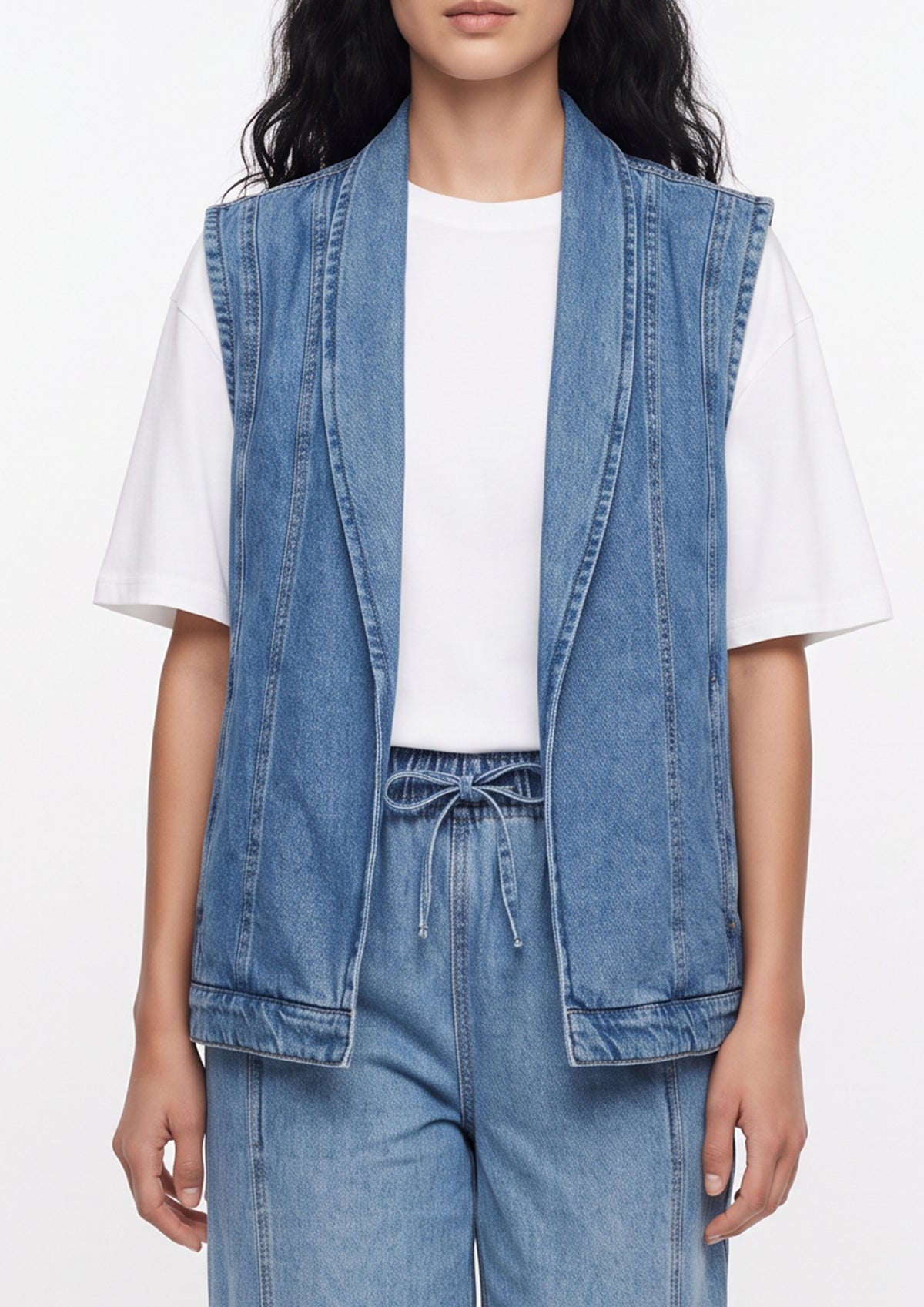 Shawl-Collar Light Wash Denim Vest