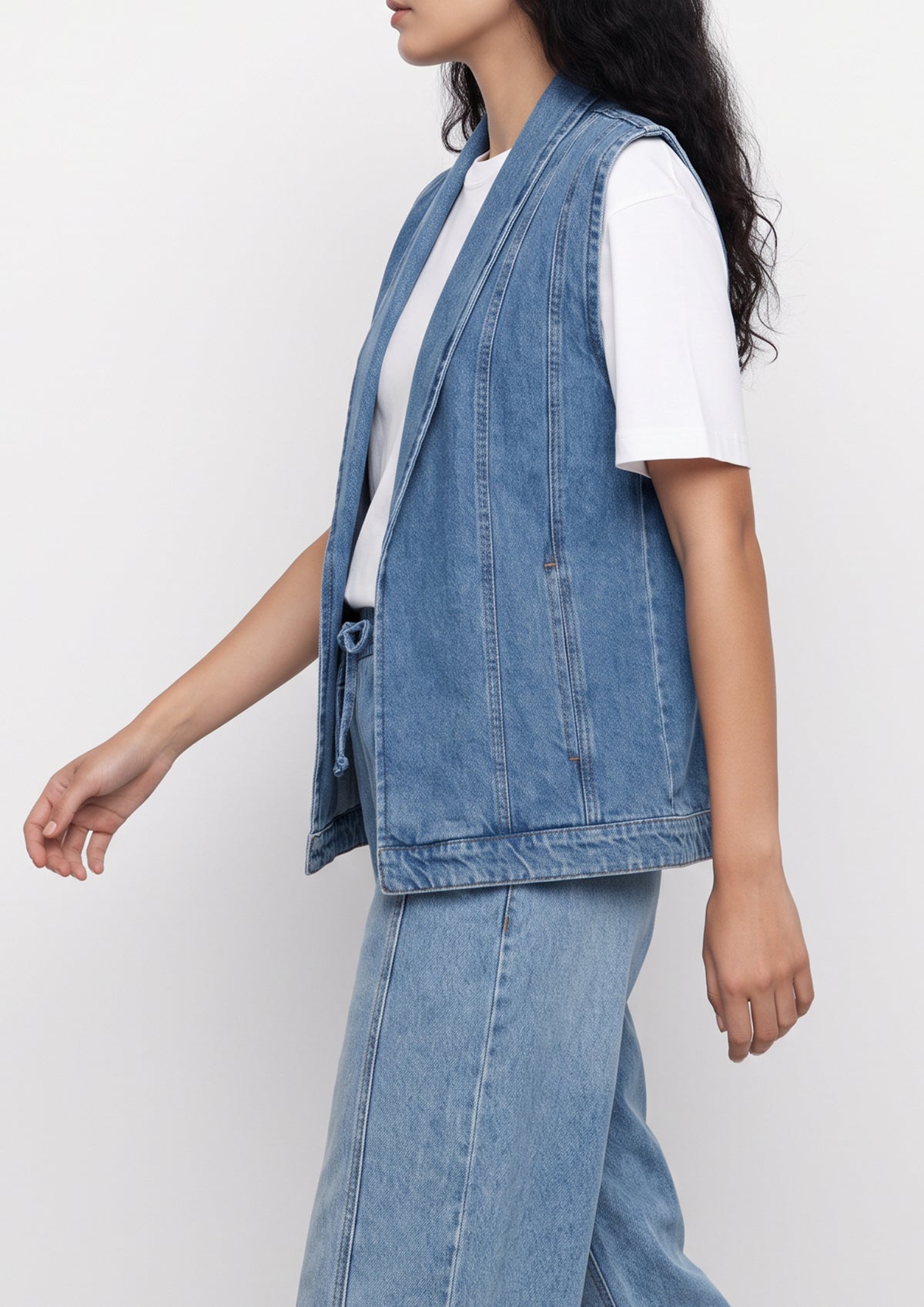Shawl-Collar Light Wash Denim Vest