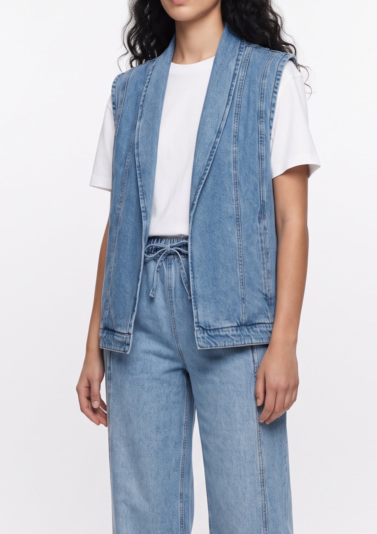 Shawl-Collar Light Wash Denim Vest