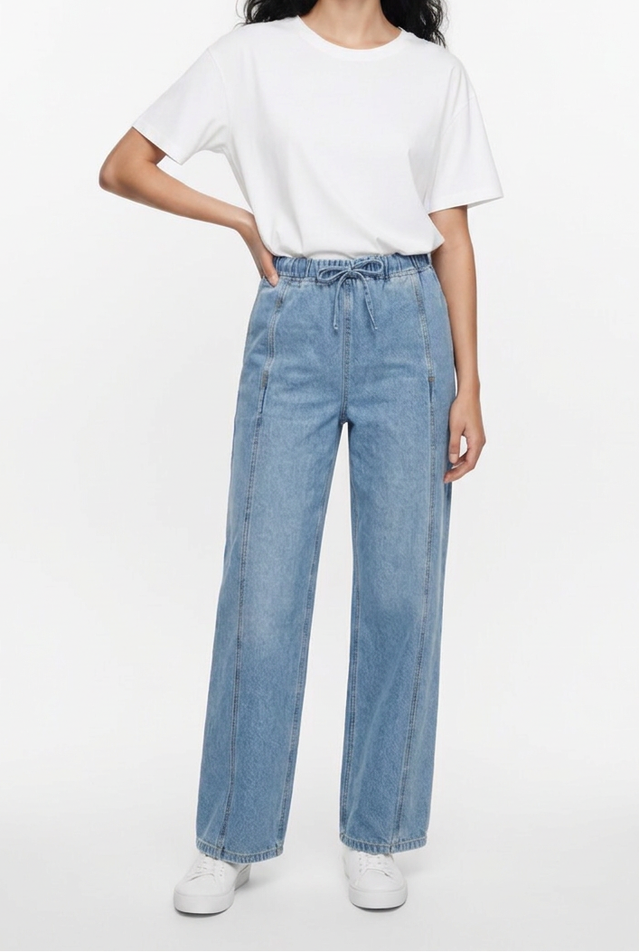 Drawstring Wide-Leg Denim Joggers